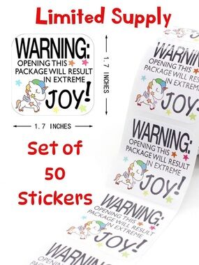 Set of 50 Unicorn "Warning: Joy" Stickers - Shipping Supplies Stickers